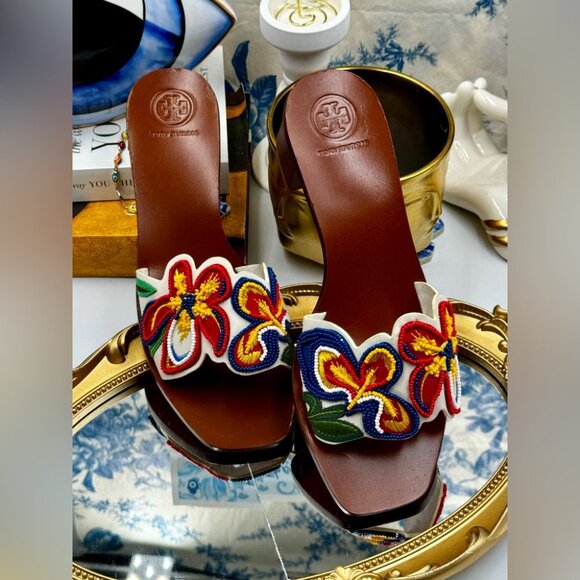 🆕 TORY BURCH 🧿 NWOT Bianca Floral Bead Embellished Slide Sandal - Ivory Multi - Picture 12 of 16